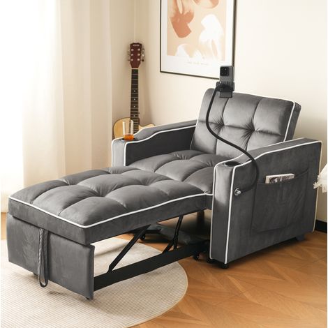 Sillón cama 83x167x76 cm gris oscuro de terciopelo y espuma 3 en 1 con respaldo ajustable (1/5)