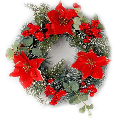 Künstlicher Weihnachtskranz aus Tannenzapfen zum Aufhängen an der Tür, Kranz aus Zweigen und Ranken, festliche Dekorationen aus Kiefernnadeln (Eukalyptus, rote Blüten und rote Beeren) (1/2)