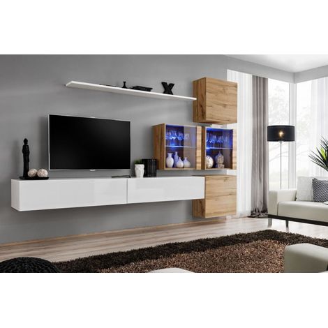 Ensemble mural - Switch XIX - 4 vitrines - 2 bancs TV - 1 étagère - Bois et blanc - Modèle 2 - Livraison gratuite