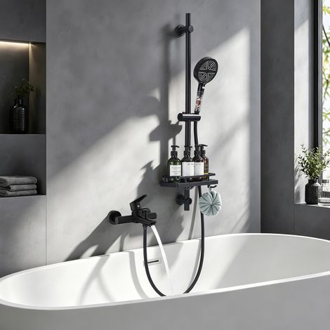 Mitigeur de Douche Noir avec Barre Réglable et Étagère de Rangement, Douchette Filtrante 6 Fonctions, Robinet de Baignoire Mural en Inox (1/5)