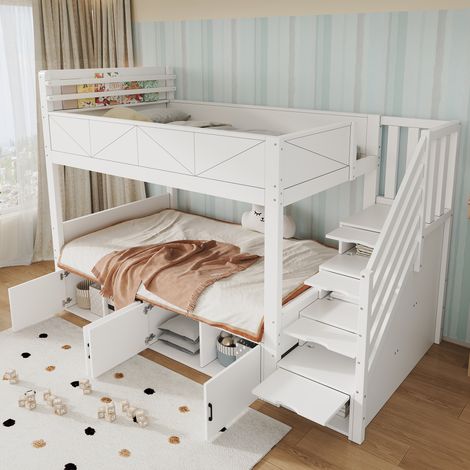 Lit superposé enfants blanc 90x200cm avec escalier de rangement, armoires, garde-corps surélevé - pin+MDF (1/5)