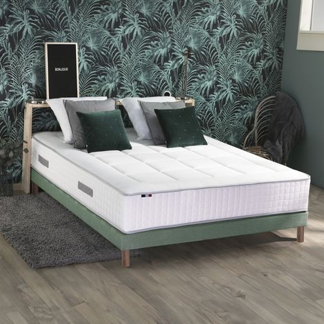 Ensemble matelas Ressort 7 zones + sommier + oreiller + couette FABRICATION FRANCAISE 140 x 190 Sommier Vert celadon (1/5)