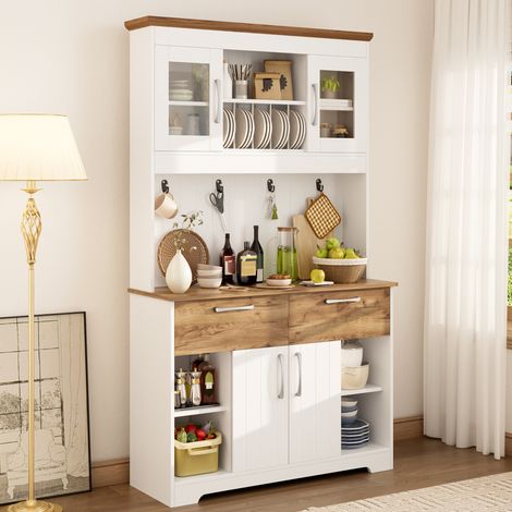 Aparador de cocina con almacenaje, 2 cajones, puertas de cristal y ganchos, 106 x 39 x 176,5 cm (1/5)