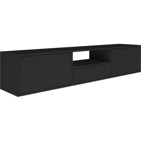 Selsey FRAMME – mueble TV suspendido con tres puertas y un estante – negro – 150 cm (1/5)