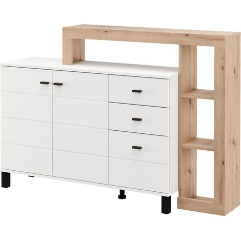Credenza Valiza, Madia 3 Cassetti, 5 Ripiani, Apertura Battente, Scorrevole, 145x35x101h cm Bianco