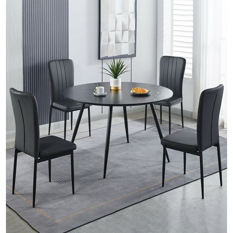 Hallowood Furniture Cullompton Black Dining Table and Chairs Set 4, 1.2m Round Kitchen Table and Chairs with Black Faux Leather High Back Seats, Modern Dining Room Sets for Home or Cafés (1/5)