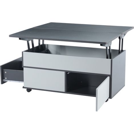 Höhenverstellbarer Couchtisch 100x98x65 cm grau/weiß mit Rollen und Stauraum (1/5)