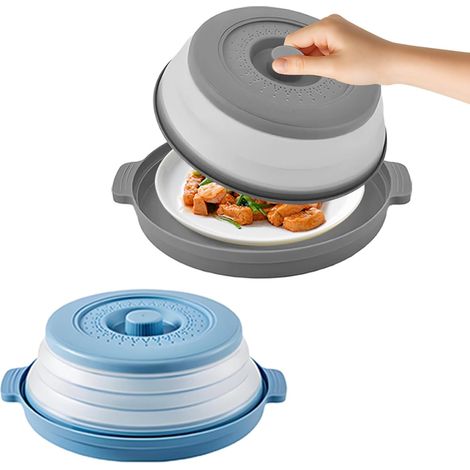 2 pièces Cloche micro onde sans bpa, panier filtrant avec trous, 26cm Couvercle pliable pour micro-ondes pour la vapeur Couvercles pour micro-ondes pour fruits et légumes (gris et bleu) (1/5)