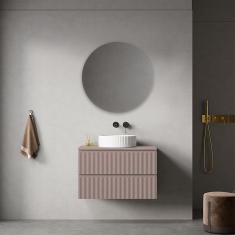 Mobile bagno sospeso cannettato 80 cm Rosa Retrò per Lavabo d'appoggio Specchio Tondo - Fiji Paint Top Canneté (1/4)