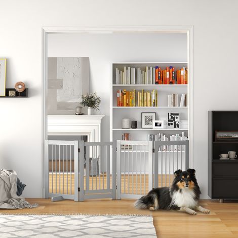 Freistehendes Hundegitter, 4 Paneele, flexibel, Kiefernholz, 204L x 36B x 75H cm, Hellgrau