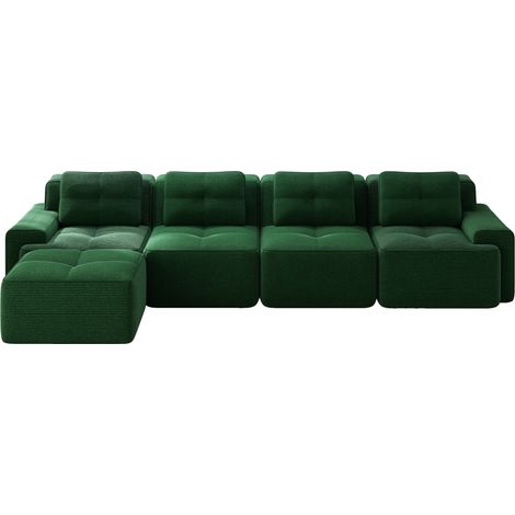 Sofá modular en L de terciopelo acanalado verde, 4 plazas, sin montaje, con chaise longue (1/5)