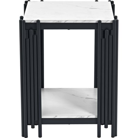 Table de chevet 2 étagères, structure métal noir, aspect marbre MDF, blanc‑noir, H55 x L43 x P40 cm entrée salon chambre (1/5)
