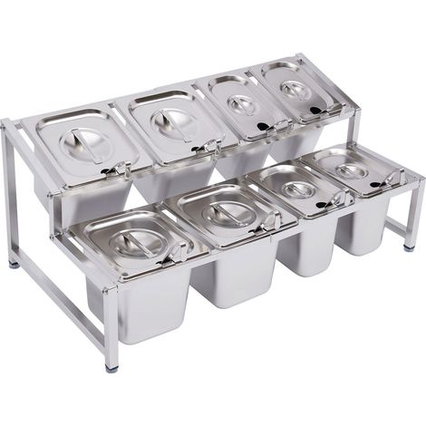 Étagère à épices en acier inoxydable extensible à 2 niveaux – 8 récipients avec couvercles et cuillères – Grille Réglable 35-60 cm – Pour Cuisine, Restaurant, Buffet – Argent (1/5)