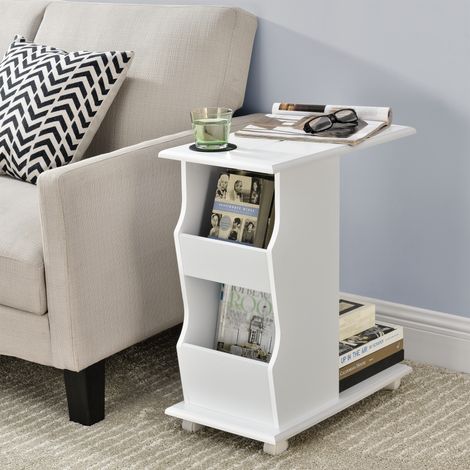 [En.Casa] – Table basse à roulettes 53 x 30 x 63 cm – MDF laqué blanc – Deux porte-journaux – Design moderne pour salon (1/7)