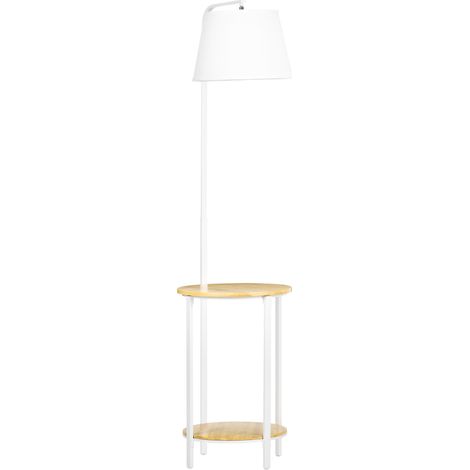 Lámpara de pie blanca de 162 cm con 2 estantes y pantalla de lino, 40 W, acero y bambú (1/5)