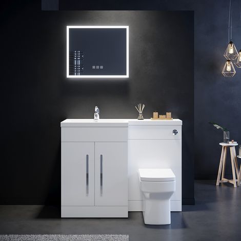 ELEGANT 1100mm Bathroom Vanity Sink Unit Storage,High Gloss White Vanity Unit + Basin + Concealed Cistern with Ceramic Square Toilet Left Hand (1/4)