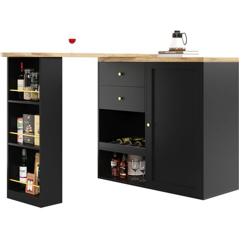 Table de bar pivotante 360° avec 2 tiroirs - Rangement salon/cuisine - Noir & bois (1/5)