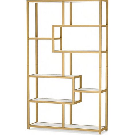 Étagère bibliothèque ouverte 8 niveaux en métal doré et panneaux effet marbre blanc, design géométrique moderne, meuble de rangement pour salon CHICFURN (1/5)