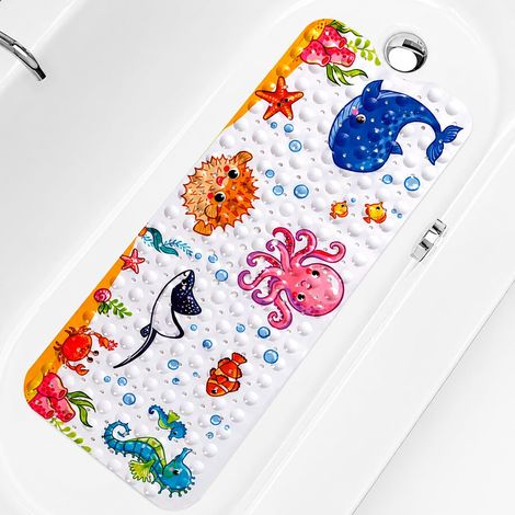 Tapis de Bain Antidérapant pour Bébé et Enfants, 100 x 40 cm, avec Ventouses et Trous d’Évacuation, Lavable en Machine, Motif Pieuvre Rose (1/5)