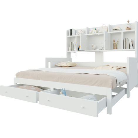 Lit banquette gigogne 90x190 et 180x190cm avec 2 tiroirs,niches, placards,prises intégrées et led,canapé-lit en bois et mdf,blanc (1/5)