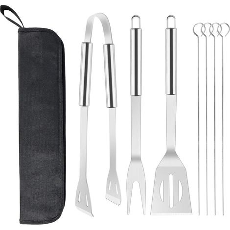 Dieses 7-teilige Grillbesteck-Set enthält eine Grillgabel, eine Grillzange, einen Pfannenwender und Spieße. Es ist aus Edelstahl gefertigt, wird mit einer Aufbewahrungstasche geliefert und eignet sich