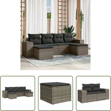 Gartensessel -  6-tlg. Garten-Sofagarnitur mit Kissen Grau Poly Rattan (1/5)