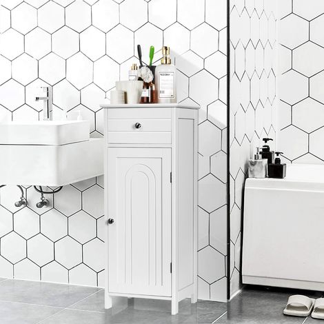 Meuble Salle de Bain sur Pieds 1 Porte 1 Tiroir 2 Étagères Réglables 35x30x87,5cm Blanc CW29803 (1/2)