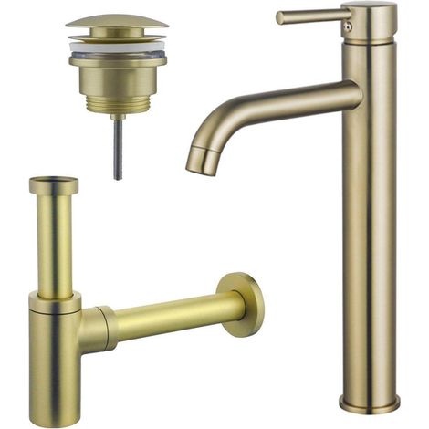 Fortifura Calvi Kit mitigeur lavabo - robinet rehaussé - bonde clic clac - siphon design - PVD Laiton brossé