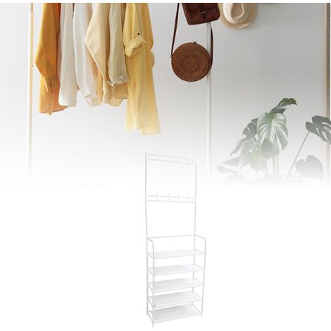 Porte-manteau avec Racks pour Chaussures 68.9in 5 Échelles Métal Polyvalent Antipoussière Espace Abondant Organisateur de Vestiaire pour Entrée Dortoir Blanc (1/5)