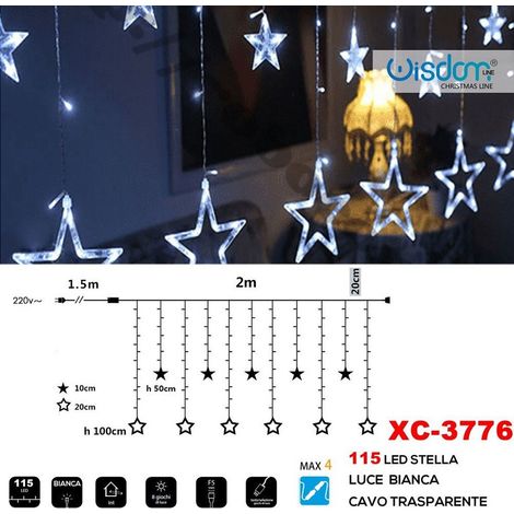 TRADE SHOP - Tenda Luminosa Natalizia 115 Led Con Stelle Luce Bianca Cavo Trasparente Xc-3776 -