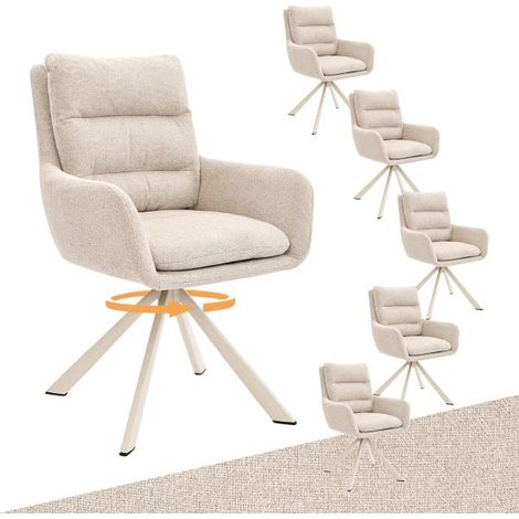 Bon Furni Tissu texturé Chaise de salle à manger Beige, Lot de 6, pivotante 360°, dossier segmenté, accoudoirs et pieds blancs assortis (1/5)