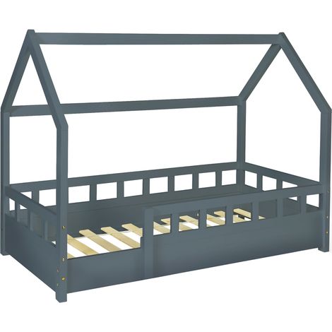 Idmarket – Lit cabane enfant 80 x 160 cm gris – Structure en pin avec sommier 12 lattes – Barrières de sécurité – Design scandinave