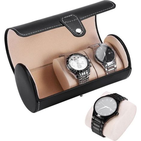 Boîte De Rangement Pour Montres - Cylindrique - 3 Compartiments - Intérieur Velours - Cuir Pu Noir - Dimensions 9 X 19 Cm - 1 Pièce (1/5)