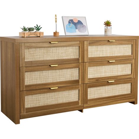 VEVOR Cómoda Bohemia de Ratán con 6 Cajones, Tiradores y Patas Metálicas, Amplio Espacio de Almacenamiento, Mueble Moderno para Dormitorio, Salón o Recibidor, 144,5 x 45 x 79,5 cm, Color Nogal (1/5)