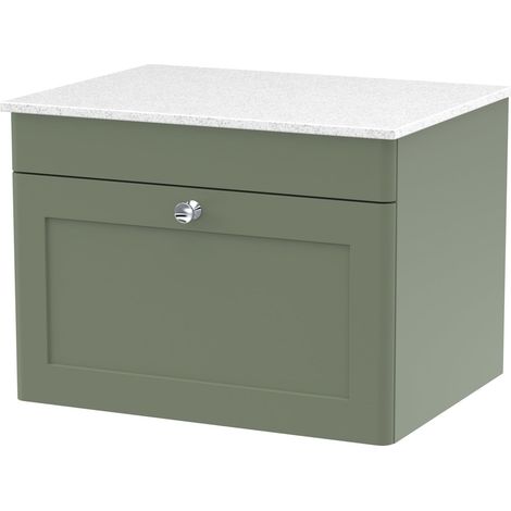 Nuie Classique Wall Hung 1-Drawer Vanity Unit with White Marble Worktop 600mm Wide - Satin Green (1/3)