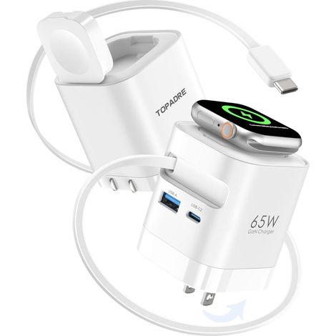 USB C Chargeur 65W avec Rétractable câbles pour Apple Watch, Adaptateur Secteur USB C GaN à 4 Ports avec câble pour Apple Watch Ultra/11/10/9/8/7 séries, pour MacBook, pour iPhone, pour iPad. Blanc (1/5)