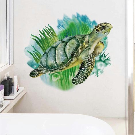 Lebensechte, niedliche grüne Meeresschildkröte als 3D-Vinyl-Wandaufkleber für Badezimmer, abnehmbare Wandtattoos, Kunstdekorationen für Kinderzimmer, Babyzimmer und Schlafzimmer. (1/3)
