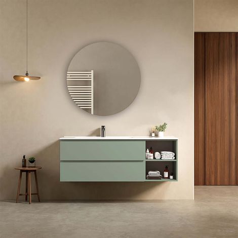 Mobile bagno sospeso 140 cm Verde Salvia Lavabo a Sinistra in Resina Specchio Tondo - Fiji Paint Plus (1/4)