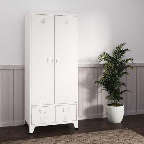 Armario Ropero Hankasalmi (2 puertas 1 perchero 4 compartimento 2 cajones) acero 180 x 90 x 40 cm - Blanco [en.casa]