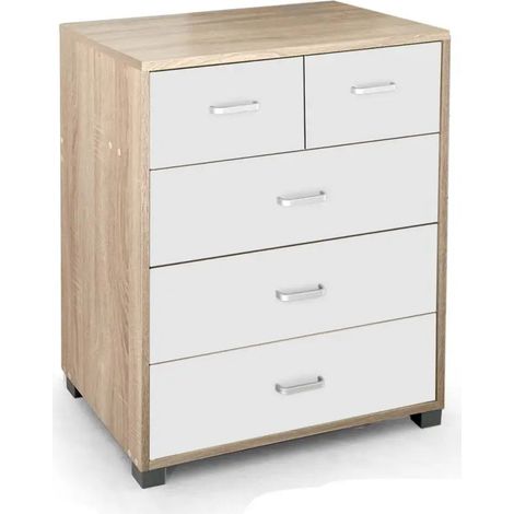 Moderne Kommode Atena mit 5 Schubladen, 68 x 40 x 83 cm, Bicolor, Holzoptik und weiße Fronten