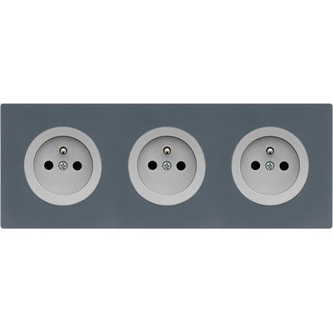 3 prises 2P+T ALU glossy DOM + plaque triple blue grey (1/5)