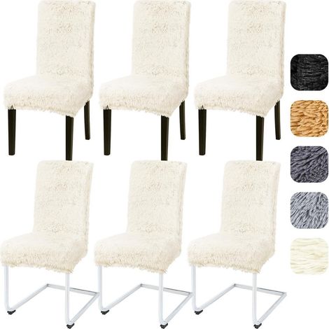 Stuhlhussen 6er Set Hochflor Plüsch Stretch für Esszimmerstühle Beige (1/5)