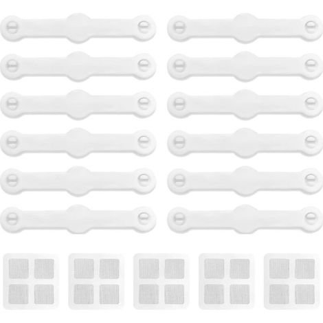 12 pièces attaches pour moustiquaires + 5 pièces autocollants de réparation – Fixation sans perçage ni vis, idéal pour fenêtres, portes et systèmes anti-insectes (1/5)