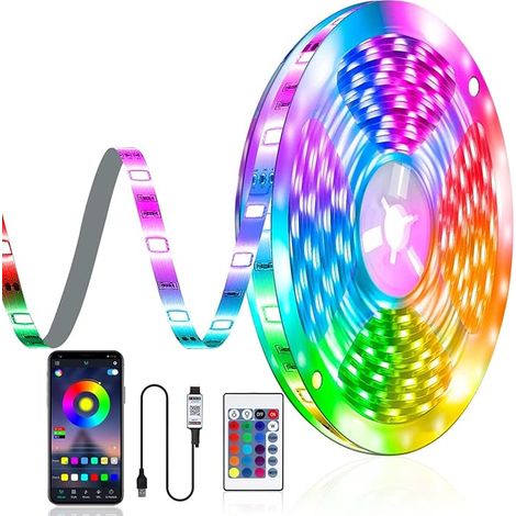 Bande LED 5 m USB pour la décoration de chambre, guirlande lumineuse LED RGB 5050, télécommande Bluetooth avec application, autocollante (1/5)