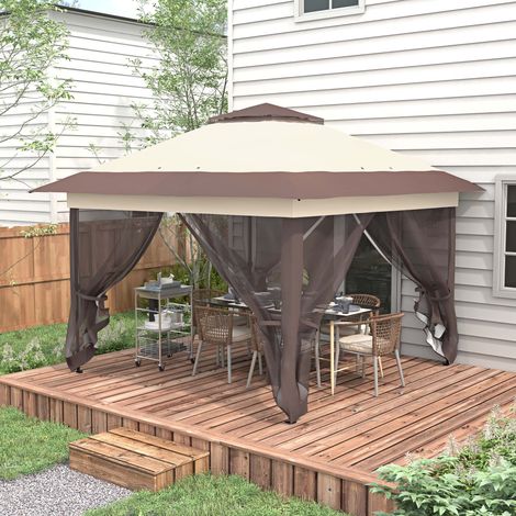 Tonnelle barnum de jardin pop-up pliant acier polyester moustiquaires + sac de transport à roulettes kaki marron