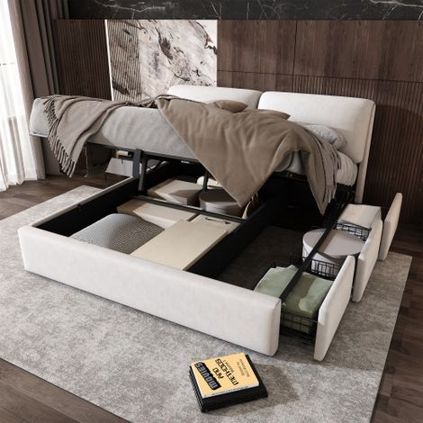Lit 160x200 cm velours beige hydraulique, coffre de rangement + 3 tiroirs latéraux, tête de lit réglable, sommier à lattes, sans matelas, charge 300 kg, chambre adulte (1/5)