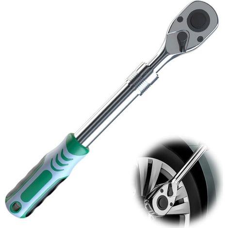 Cle a Cliquet Télescopique à 90 Dents, 1/2 Pouce, Acier au Chrome Vanadium + Caoutchouc, Tailles Télescopiques 290-450 mm, pour L'industrie Automobile, L'industrie Marine et L'industrie (vert) (1/4)