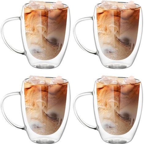 4 Pièces Tasse a Cafe, Tasse Double Paroi avec Poignée, Verre a Cafe, Tasses à Café, Tasses en Verre, Tasse Transparente Cappuccino pour Thé, Lait, Jus, Crème Glacée, Dessert(350ML) (1/5)