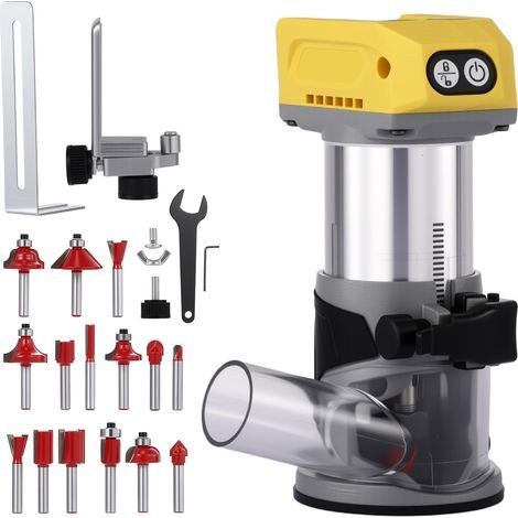 Cordless router compatible with the DeWalt 20V battery (tool only), 800W brushless wood router, 6 speeds, depth adjustment, edge guide and roller guide, router bits included (1/5)