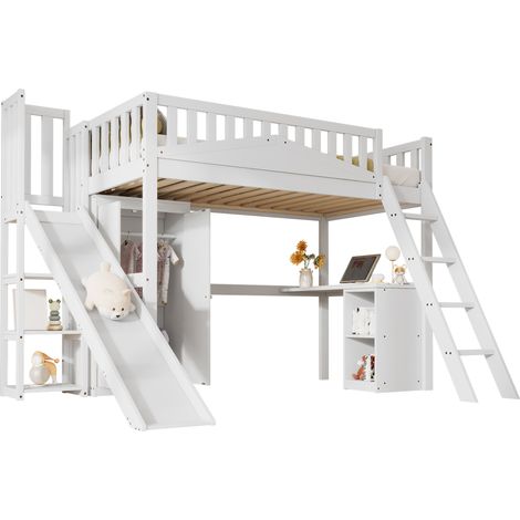 Lit mezzanine enfant bois massif/MDF blanc 90x200 cm avec toboggan, bureau, armoire et rangements (1/5)